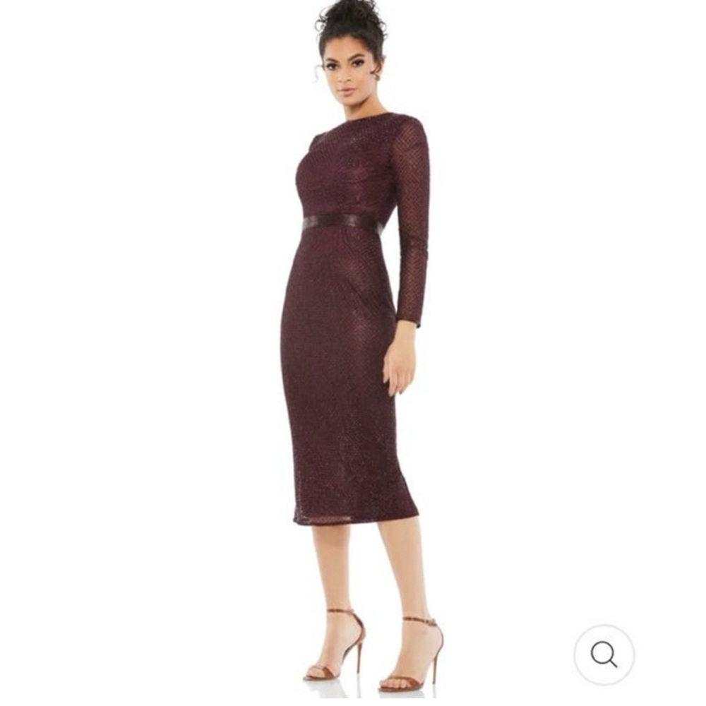 Mac Duggal long sleeve lattice beaded midi cocktail dress aubergine 5530 -14 NWT
